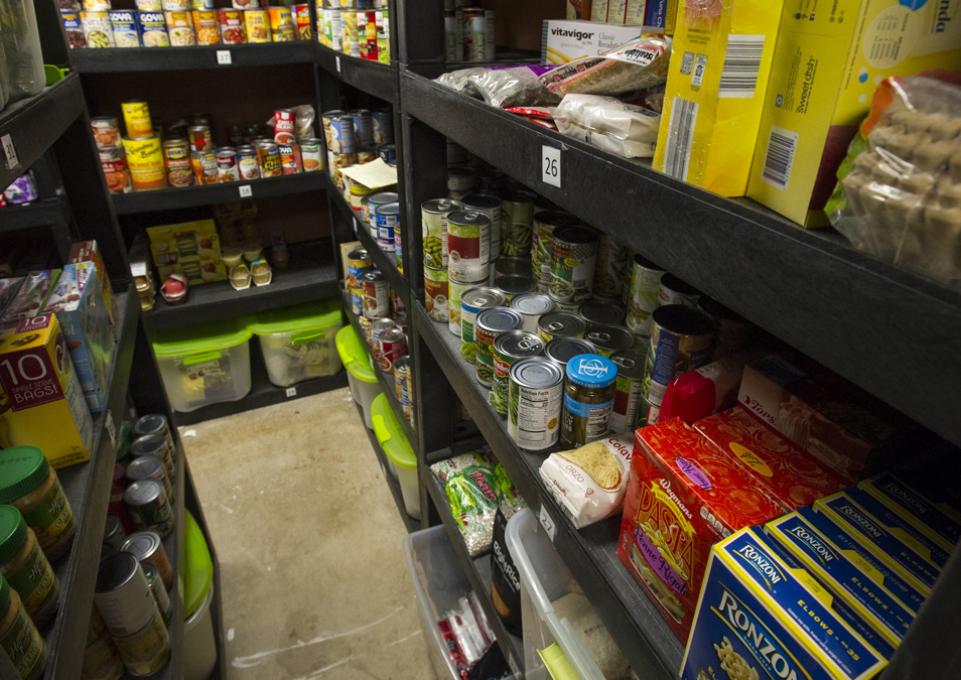 Shelves of food in Milligan's Food Pantry