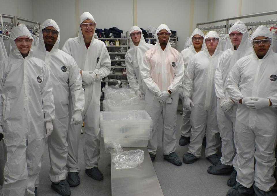 Ettestadt and students at the Cornell Nanofabrication Lab